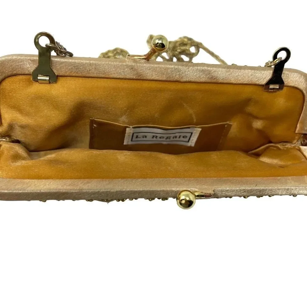 La Regale Fabric and Gold beaded cream bag with metal strap BoxU